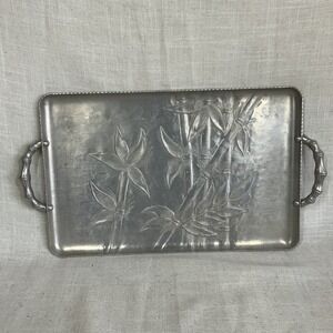 EVERLAST Forged Aluminum Serving Tray w/ Bamboo Design‎ and Handles Vtg 50s 14x9